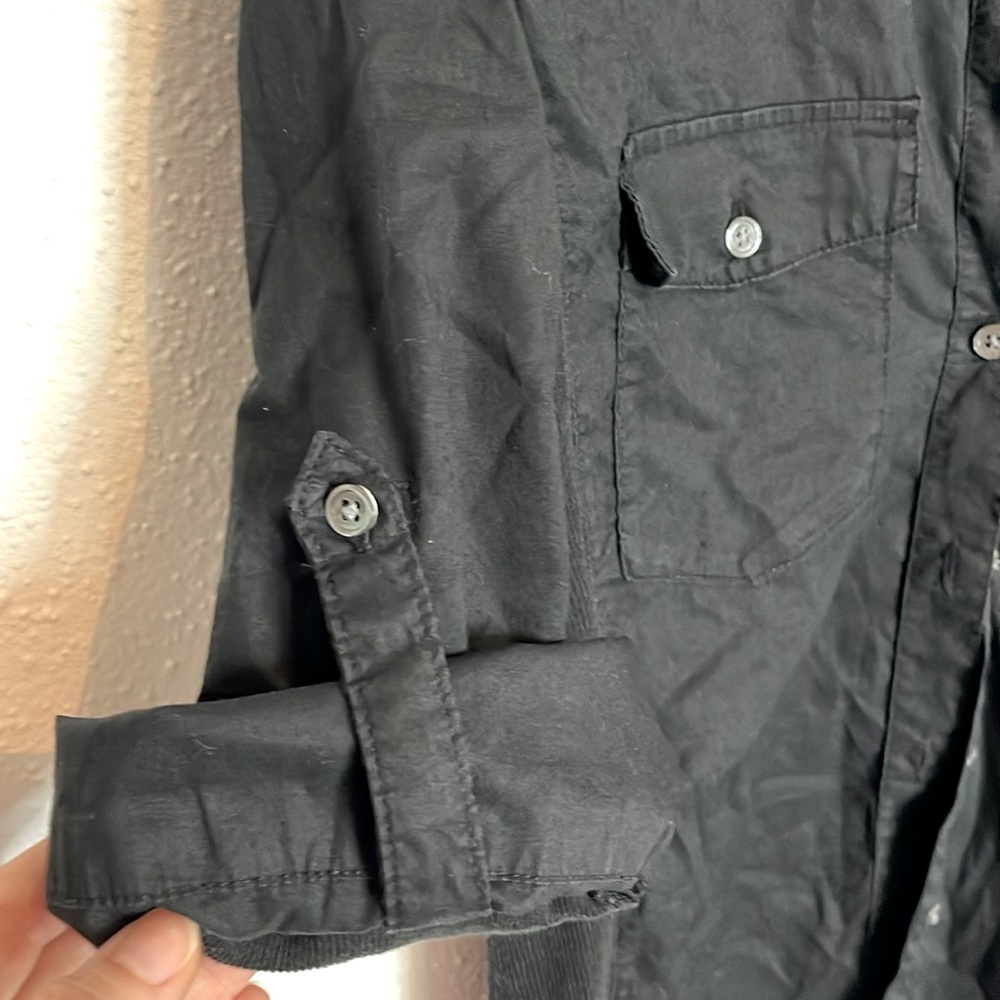 James Perse Contrast Ribbed Pannel Button Down Black Blouse Size 3 - Picture 5 of 7
